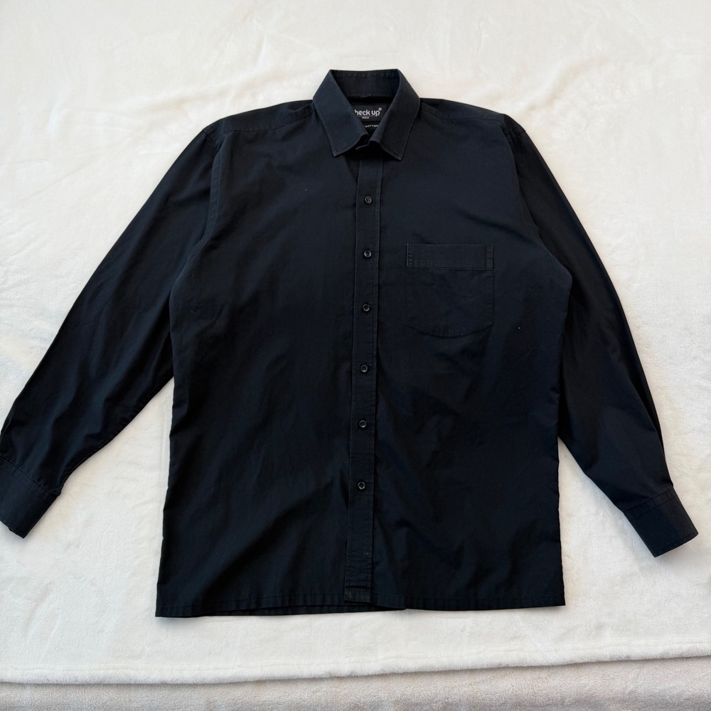 Check Up Black Button Down Shirt Purple Striped Tie Luxury Cotton Goth Size 39 - Picture 2 of 5